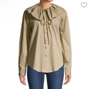 Rebecca Taylor Tan Ruffle Collar Button Up Top Large Neutral